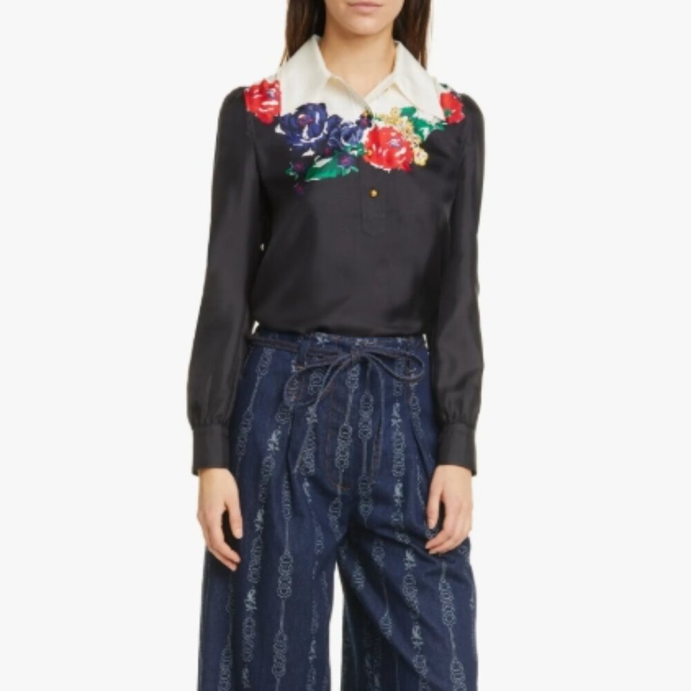 Tory Burch Gemini Jeans Jacquard Blue Denim Wide Leg Trousers 6 NWT (Orig. $355)